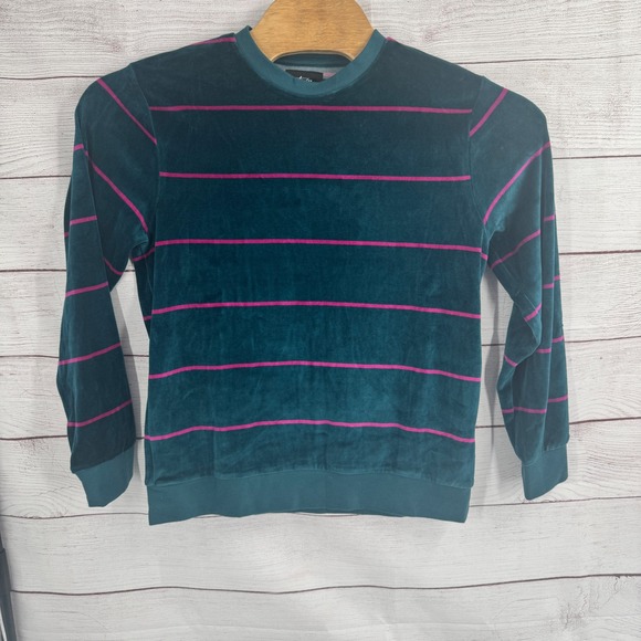 Stussy Shirt Mens Small Teal‎ Pink Striped Velour Long Sleeve Pullover Vintage - Picture 1 of 12